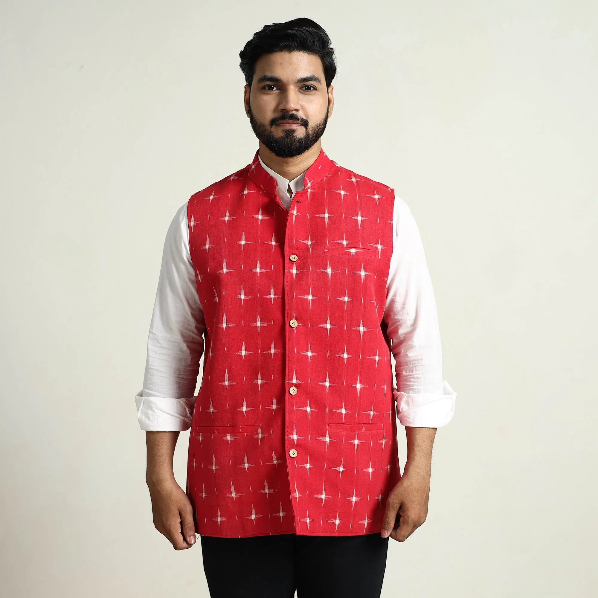 Black - Pochampally Double Ikat Handloom Cotton Men Nehru Jacket 09