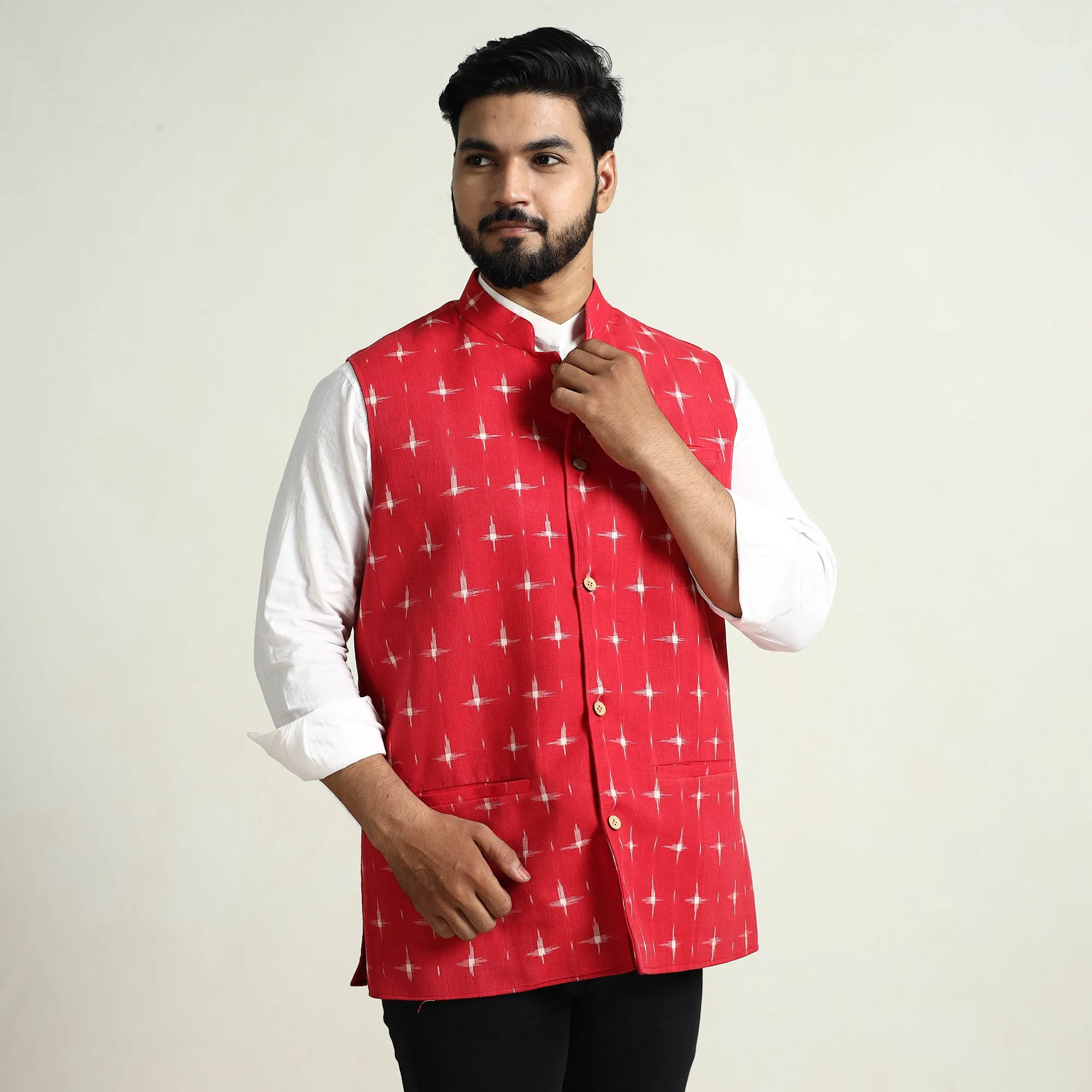 Black - Pochampally Double Ikat Handloom Cotton Men Nehru Jacket 09