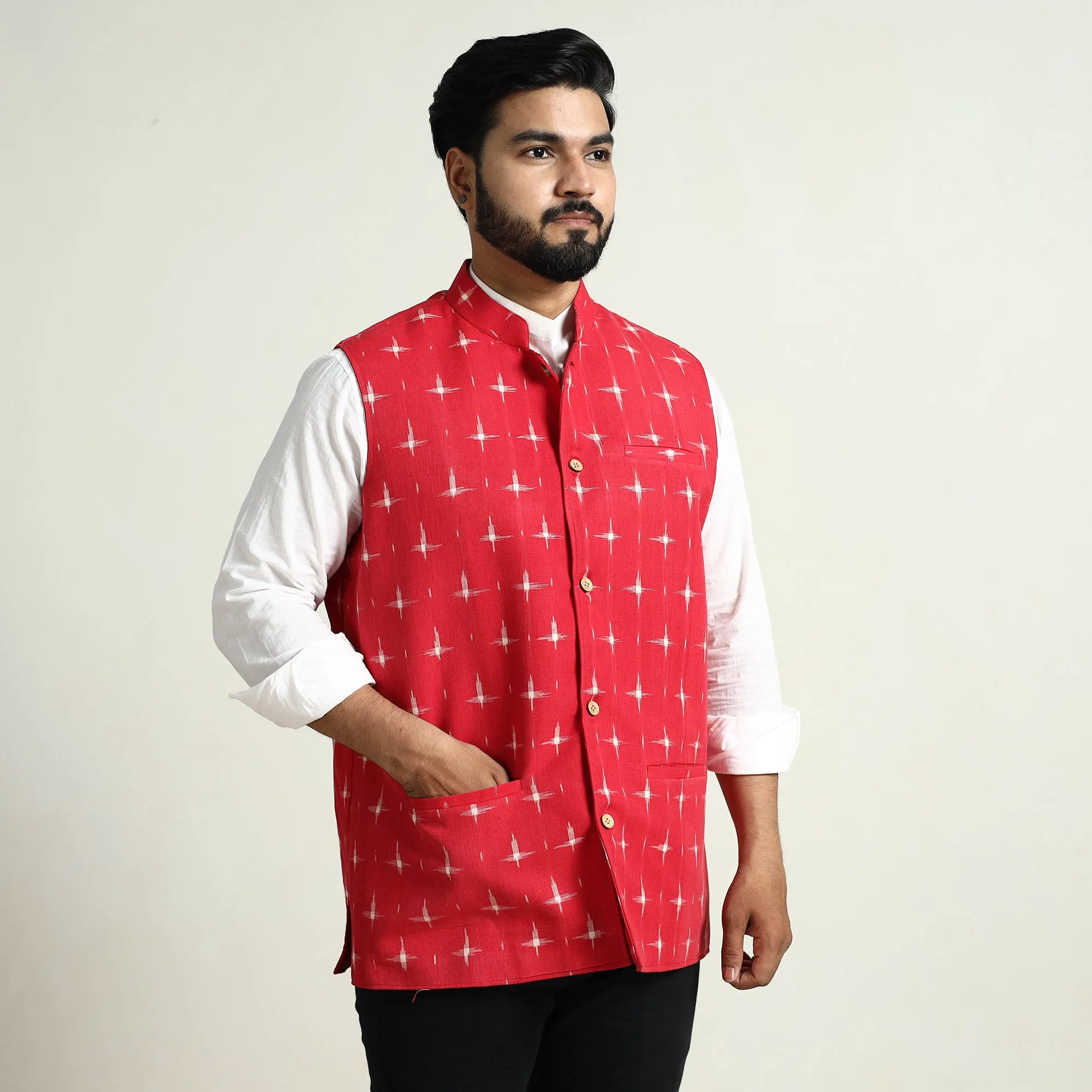 Black - Pochampally Double Ikat Handloom Cotton Men Nehru Jacket 09