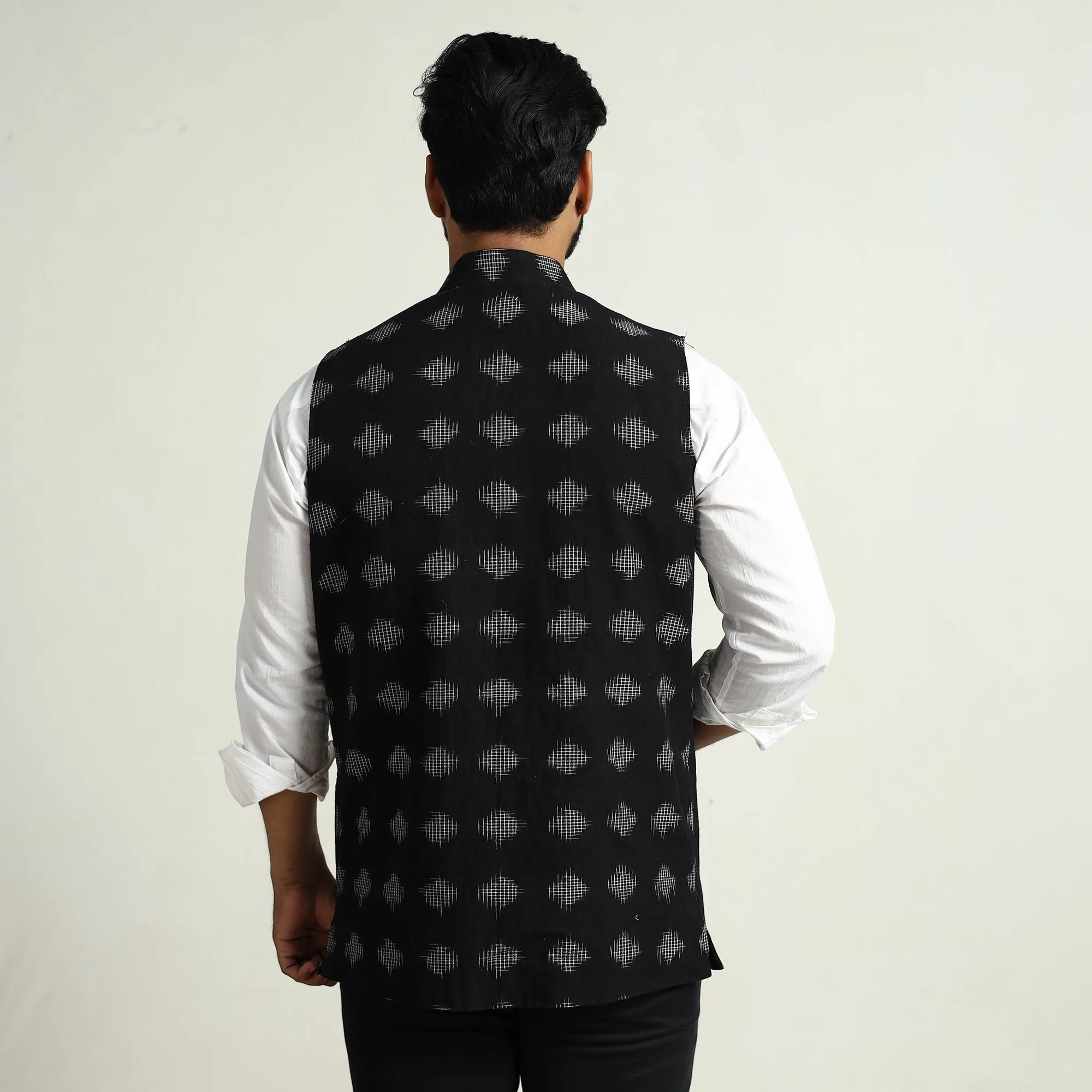 Black - Pochampally Double Ikat Handloom Cotton Men Nehru Jacket 11