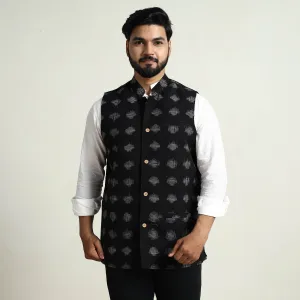 Black - Pochampally Double Ikat Handloom Cotton Men Nehru Jacket 11