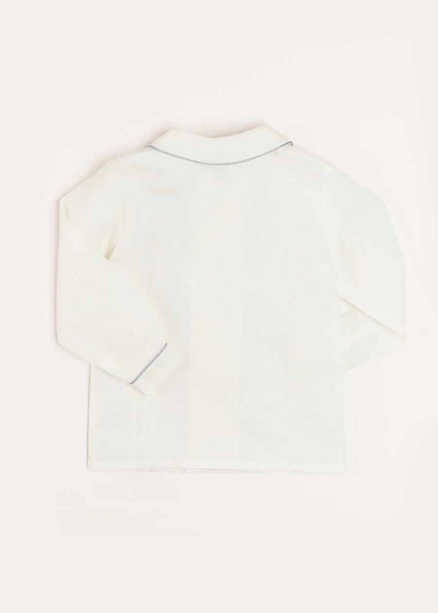 Double-Breasted Peter Pan Collar Long Sleeve Shirt with Blue Silk Piping (2-10yrs)