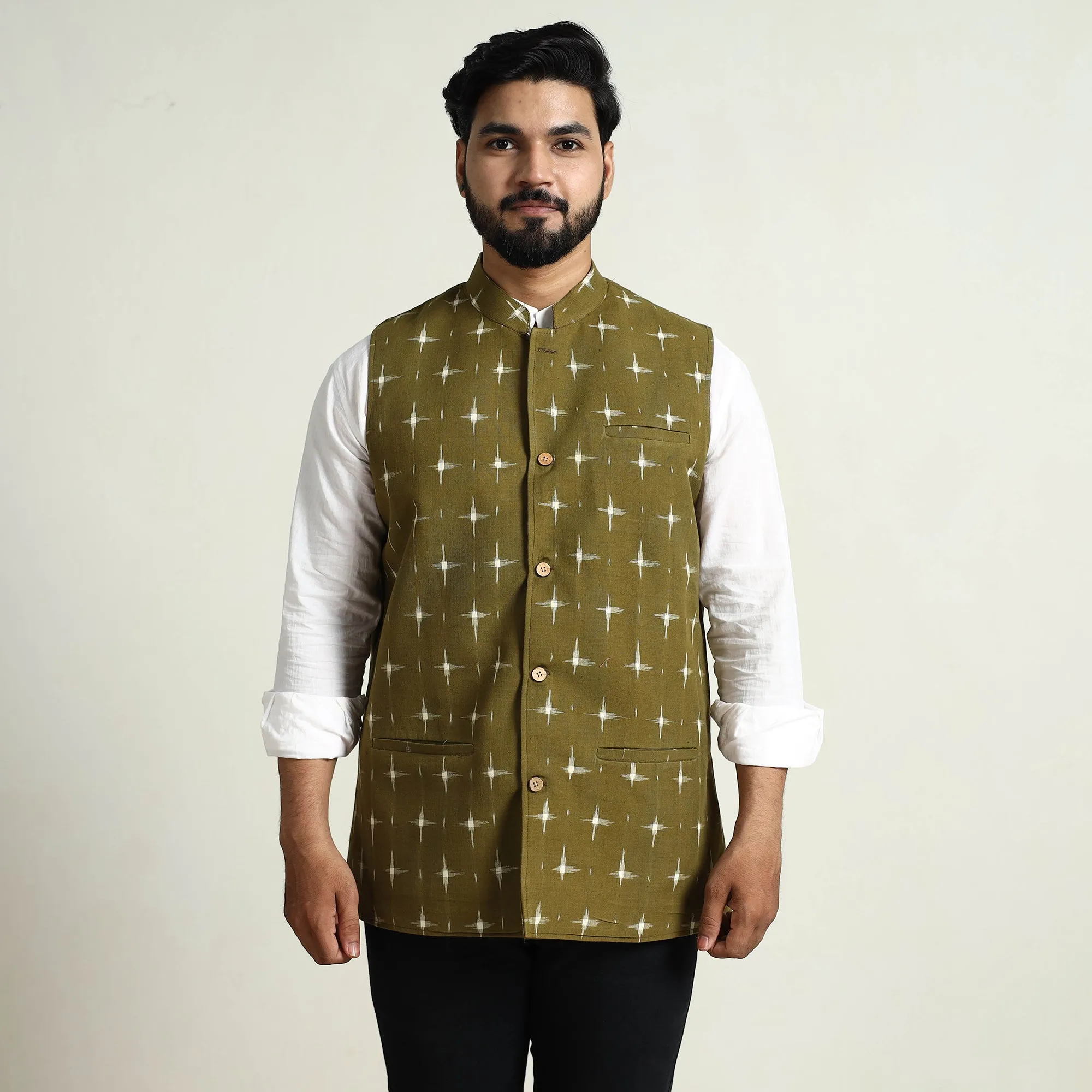 Green - Pochampally Double Ikat Handloom Cotton Men Nehru Jacket 03