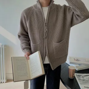 Knitted Cardigan Coat Men's Autumn Winter Korean Fashion Casual Solid Colo High Collar Sweater Zipper Loose 9A6036