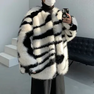 Male Loose Fur Coat Men's Male Contrast Color Round Neck Autumn Winter High Street Black White Cotton Overcoat 24A1117