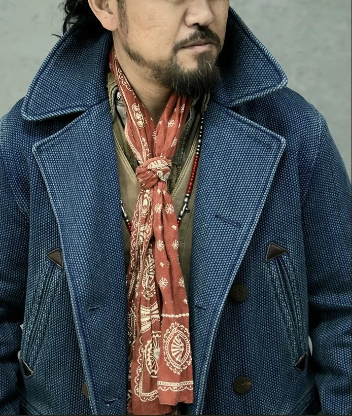 Men's Indigo Double Breasted Sashiko Pea Coat