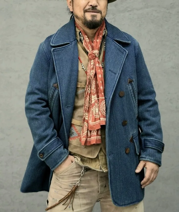 Men's Indigo Double Breasted Sashiko Pea Coat