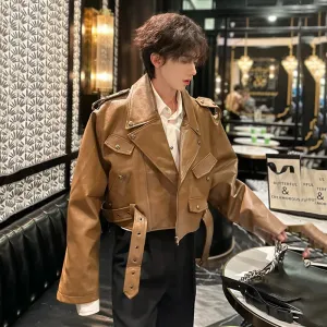 Men's PU Leather Jacket Short Loose New Fashion Street Wear Personality Autumn Male Short Jackets Summer 9C5575