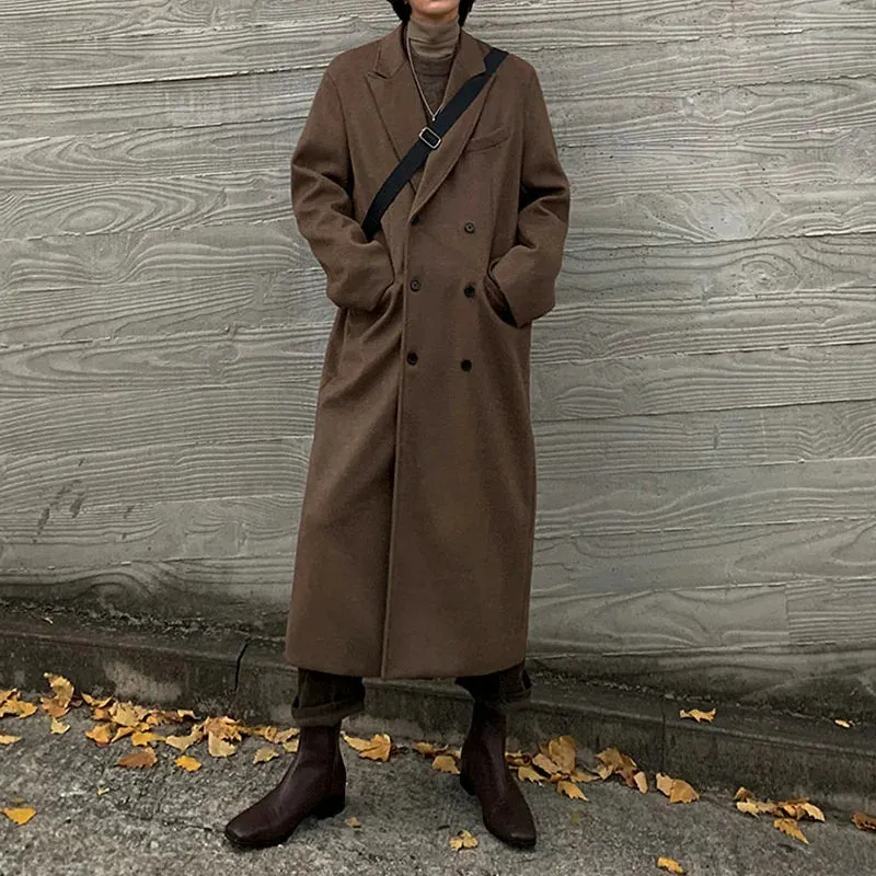 Men's Woolen Coat Long Autumn Winter Thickened Korean Fashion Loose Trend Casual Trench Solid Color Male Tops 9A6056