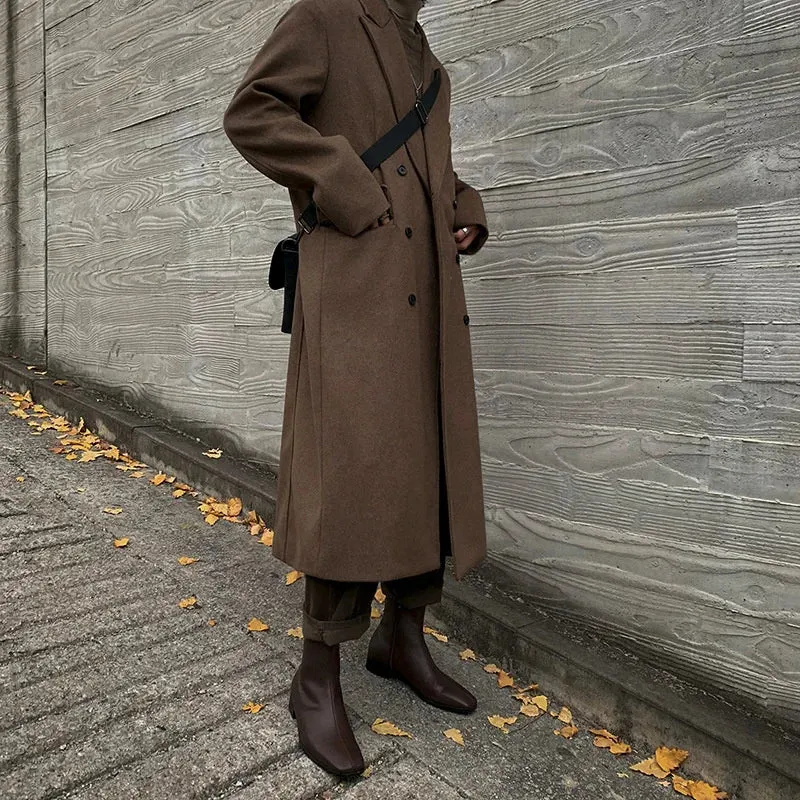 Men's Woolen Coat Long Autumn Winter Thickened Korean Fashion Loose Trend Casual Trench Solid Color Male Tops 9A6056