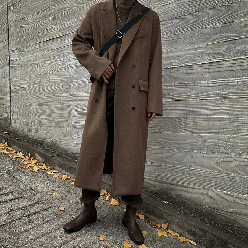 Men's Woolen Coat Long Autumn Winter Thickened Korean Fashion Loose Trend Casual Trench Solid Color Male Tops 9A6056