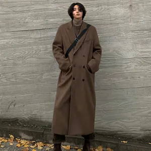 Men's Woolen Coat Long Autumn Winter Thickened Korean Fashion Loose Trend Casual Trench Solid Color Male Tops 9A6056