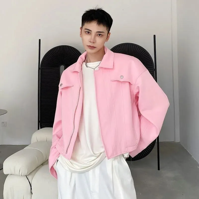 Menswear Pink Blue Jacket 2023 New Loose Lapel Zipper Long Sleeve Short Coat Autumn Winter Oversized Workwear Clothes 9D074