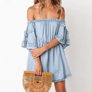 Off Shoulder Ruffle Short Cotton Vintage Dress