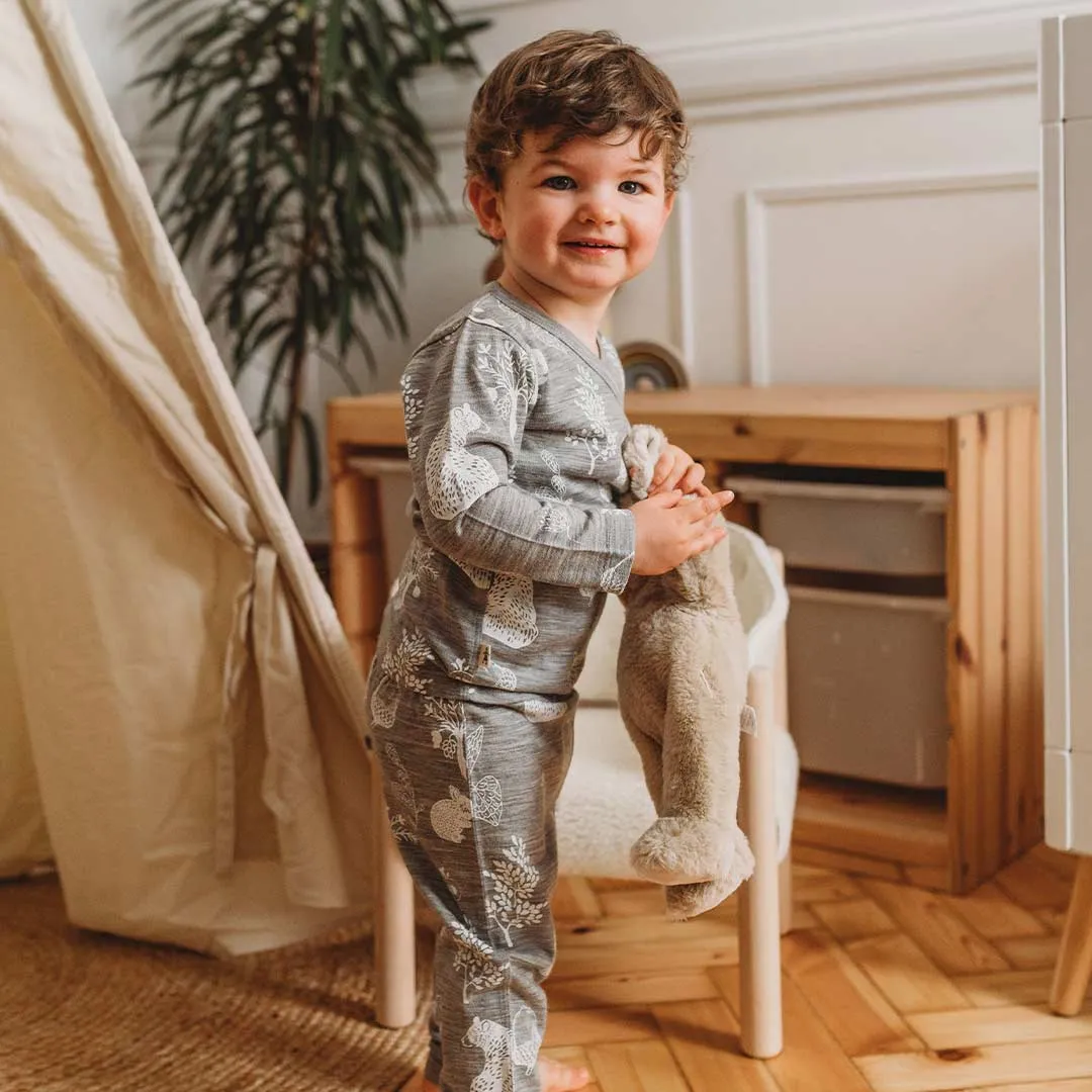 Outlet - Merino Kids Essential Pyjamas - Bear Print - Light Grey