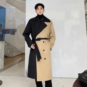 Oversize Long Coat Male Trench Men's Clothing Design Windbreaker With Belt Personality Hit Color Patchwork Loose Coat 9Y189