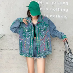 Patchwork Rivet Denim Coats For Women Lapel Long Sleeve Spliced Diamond Printing Loose Streetwear Jacket Female