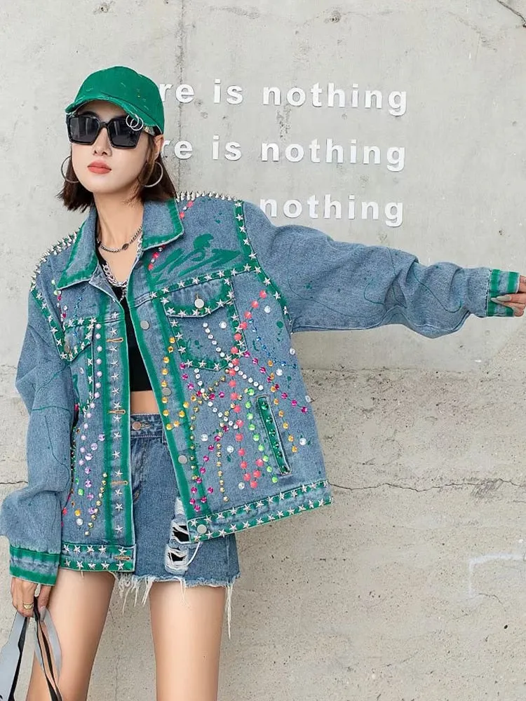 Patchwork Rivet Denim Coats For Women Lapel Long Sleeve Spliced Diamond Printing Loose Streetwear Jacket Female