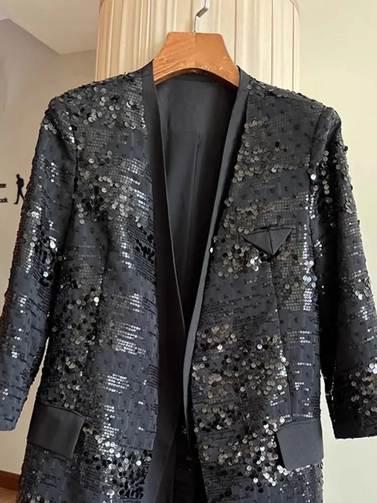 Patchwork Sequins Blazers For Women V Neck Three Quarter Sleeve Spliced Pocket Loose Solid Blazer Female Fashion