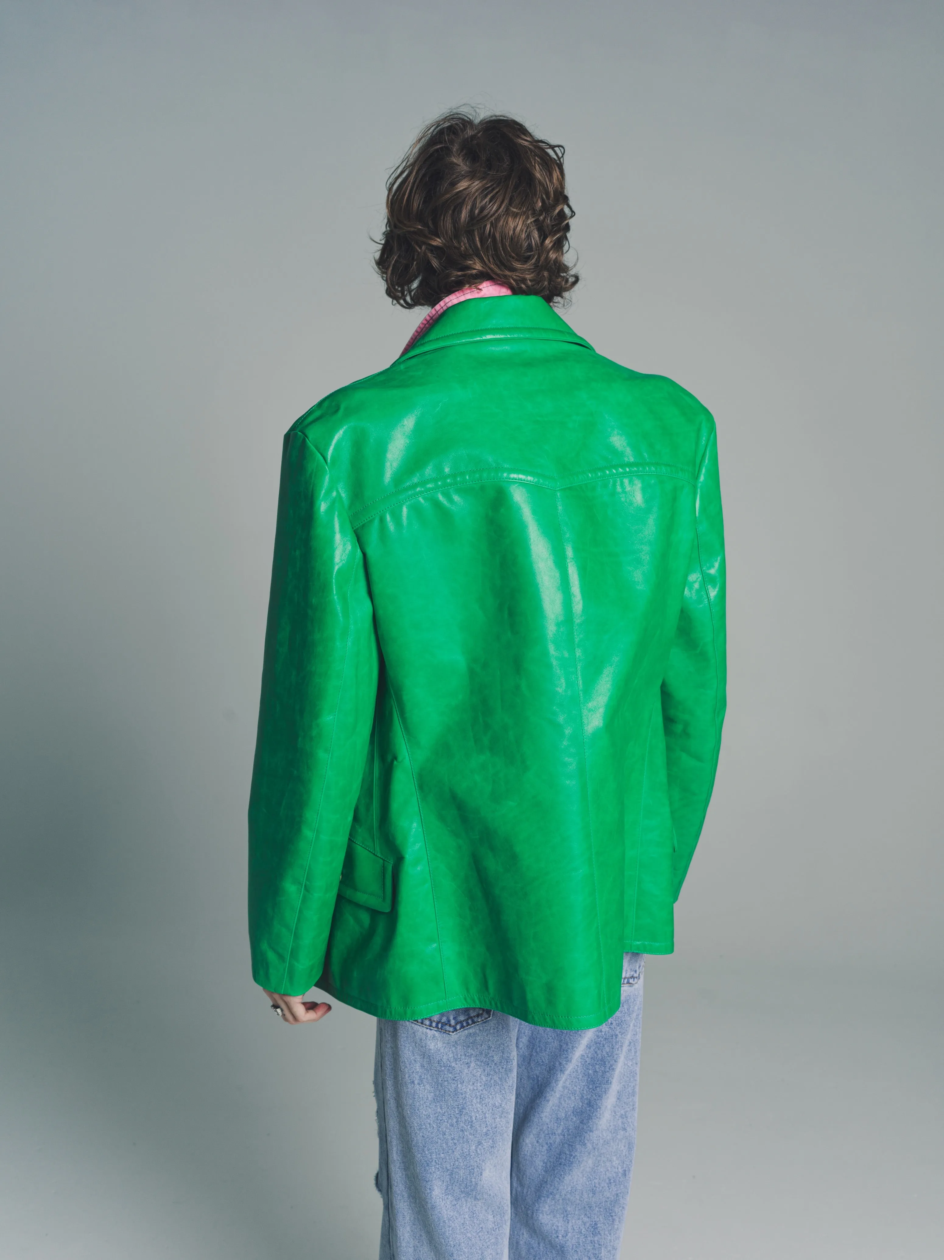 Shiny Green Leather Double Breasted Blazer