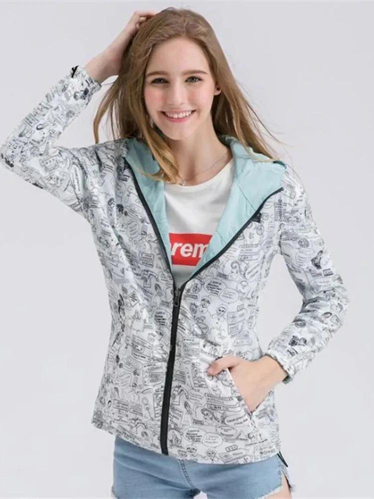 Spring Women Bomber Basic Jacket Pocket Zipper Hooded Two Side Wear Cartoon Print Outwear Loose Coat