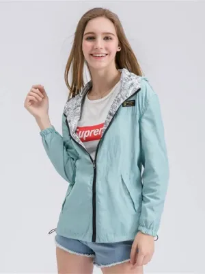 Spring Women Bomber Basic Jacket Pocket Zipper Hooded Two Side Wear Cartoon Print Outwear Loose Coat