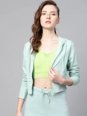 Women Sea Green Terry Hooded Jacket